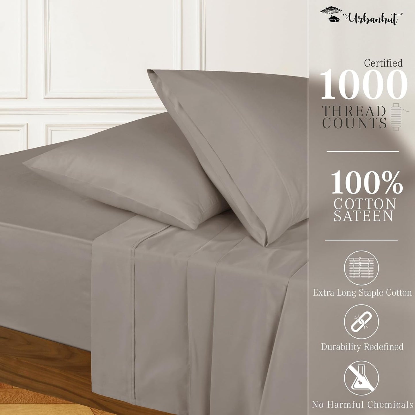 1000 Thread Count Egyptian Cotton Sheets California King Size, Long Staple Soft & Breathable, 4 Pc Bed Sheet Sets, Luxury Hotel Sateen Sheets Fits 16" Deep Pocket - Dark Grey